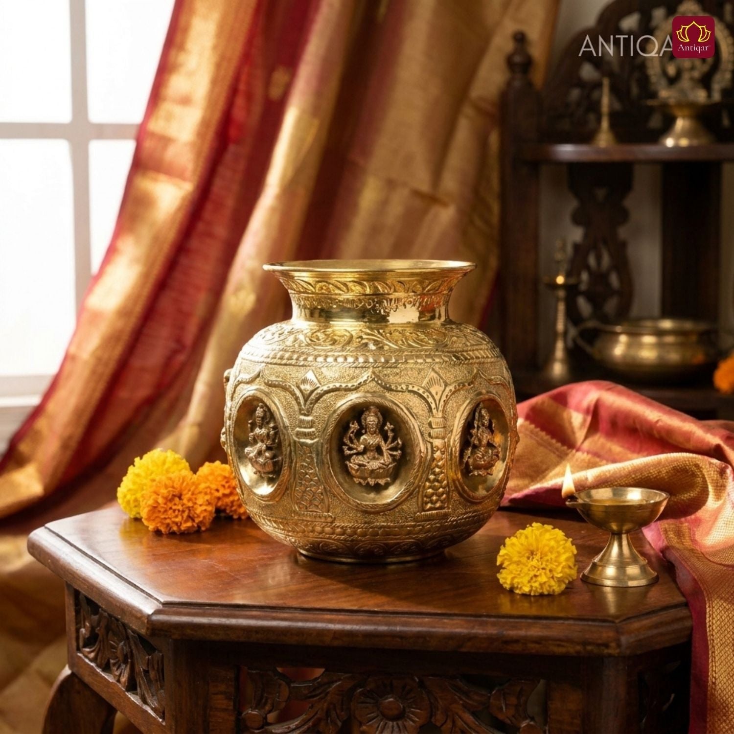 Brass Ashta Lakshmi Kalash - 18cm | Antique Yellow Finish | Spritual use for Pooja, Temple & Festival Decor