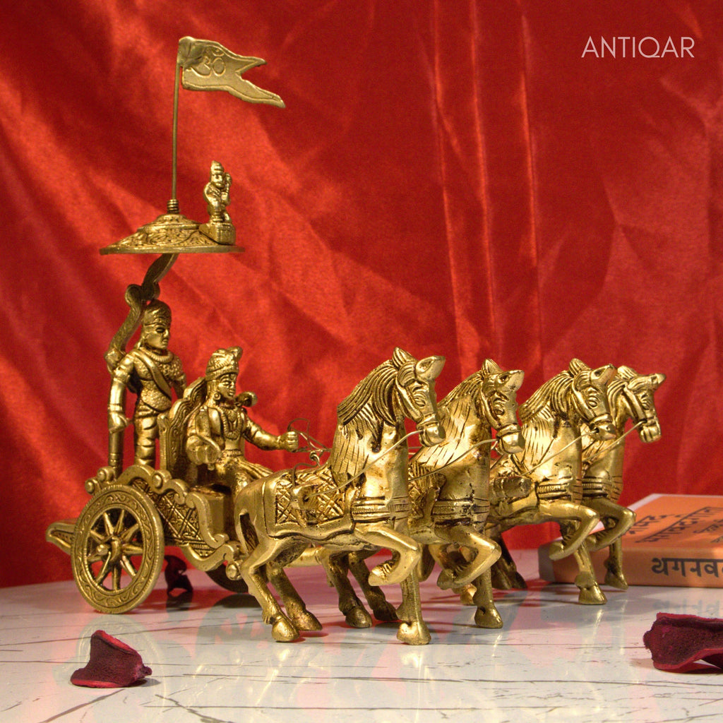 Brass Arjun Rath Showpiece – 24 cm | Antique Golden Finish | Handcrafted Spiritual Decor for Temple, Home & Table