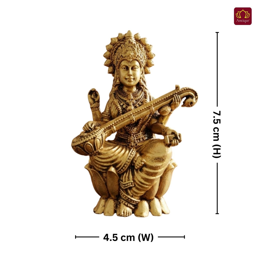 Brass Saraswati Ji Idol - 7.5cm | Antique Golden Finish | Spiritual Idol for Temple & Home Decor