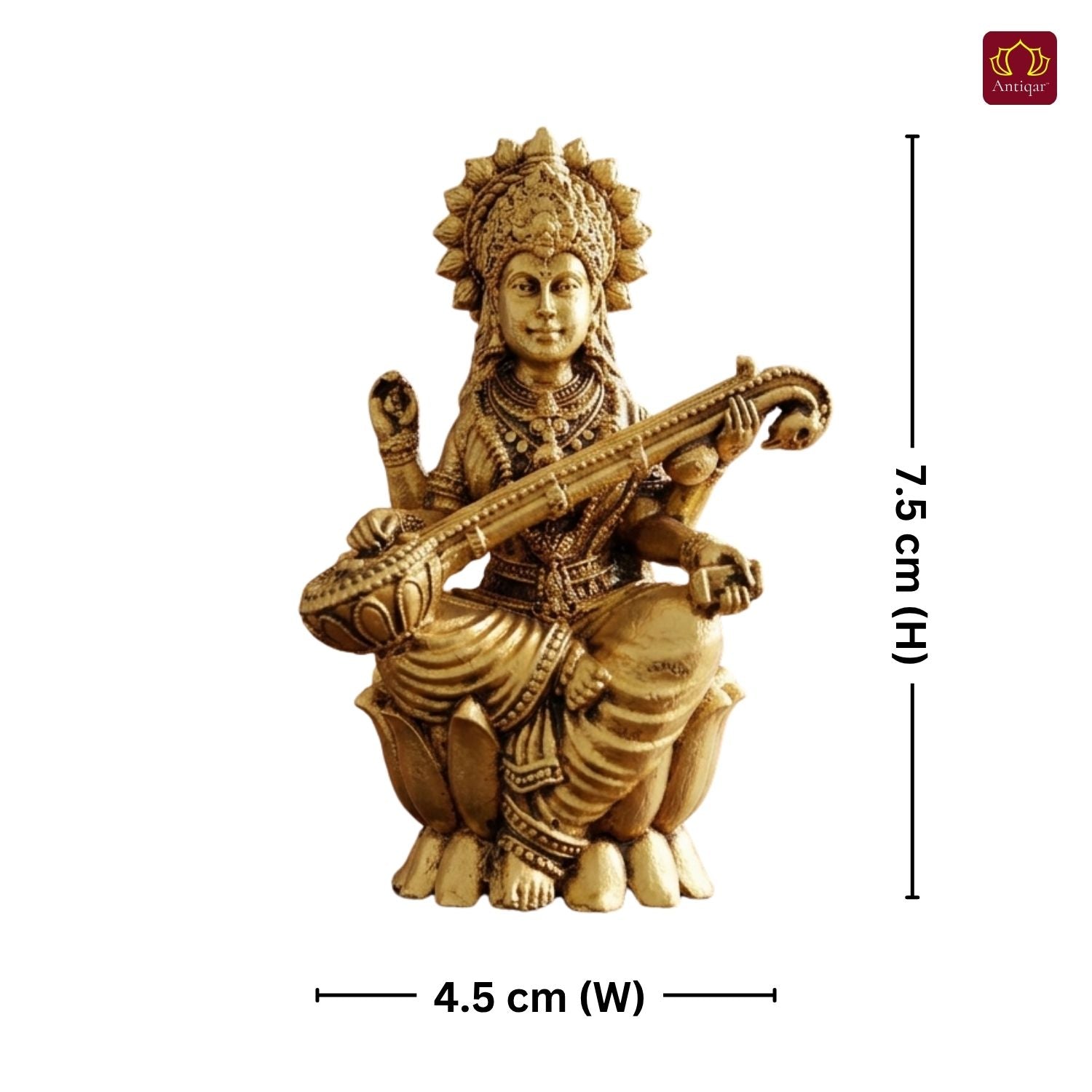 Brass Saraswati Ji Idol - 7.5cm | Antique Golden Finish | Spiritual Idol for Temple & Home Decor
