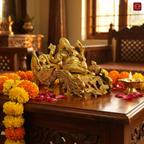 Brass Ganesh Ji Idol – 12 cm | Sitting on Peacock-Carved Singhasan with Ornate Backrest | Antique Golden Finish | Handcrafted Spiritual Decor for Temple, Home & Table