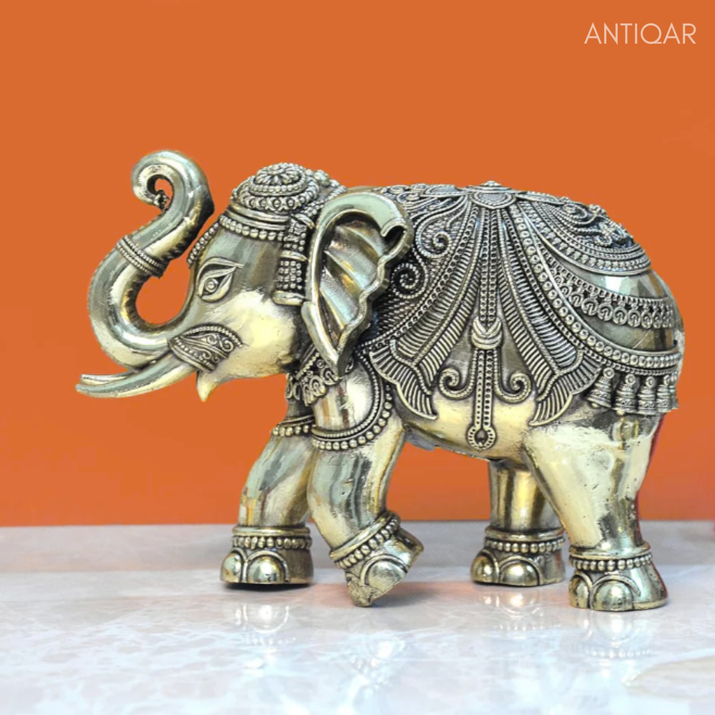 Brass Elephant Showpiece in Floral Design - 5cm | Antique Golden Finish | Decorative Figurines for Temple, Home & Office