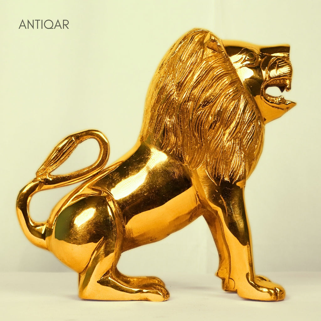 Antiqar Lion Pure Brass Figurine | Handicraft Artwork | Superfine Golden Finish | Home & Office Décor | Ideal for Gifting | Height 15cm