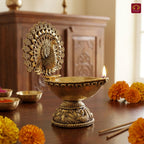 Brass Dancing Peacock on Diya - 7cm | Antique Finish | Spritual use for Pooja, Temple & Festival Decor