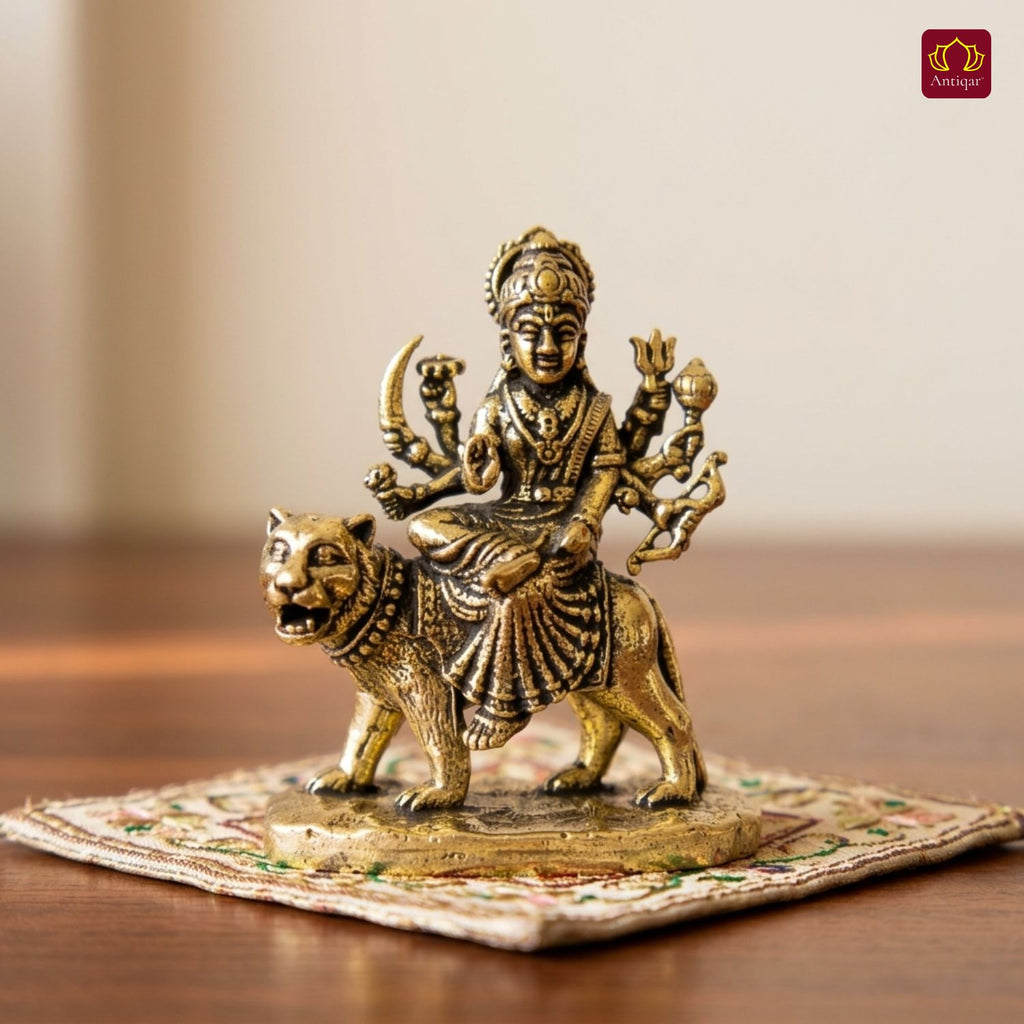 Brass Miniature Sherawali Maa Idol - 4cm | Antique Finish | Spritual use for Home, Temple & Car Dashboard Decor