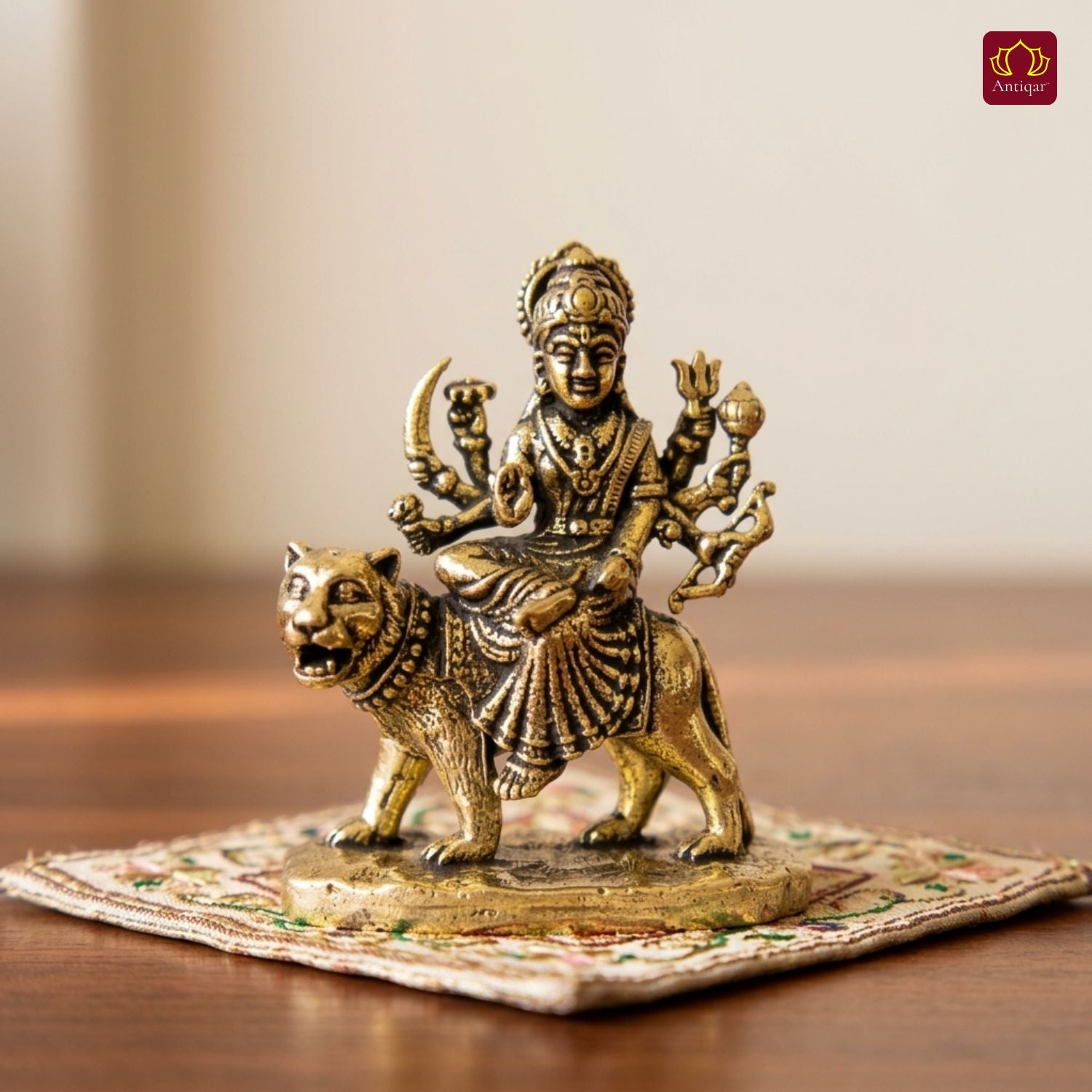 Brass Miniature Sherawali Maa Idol - 4cm | Antique Finish | Spritual use for Home, Temple & Car Dashboard Decor