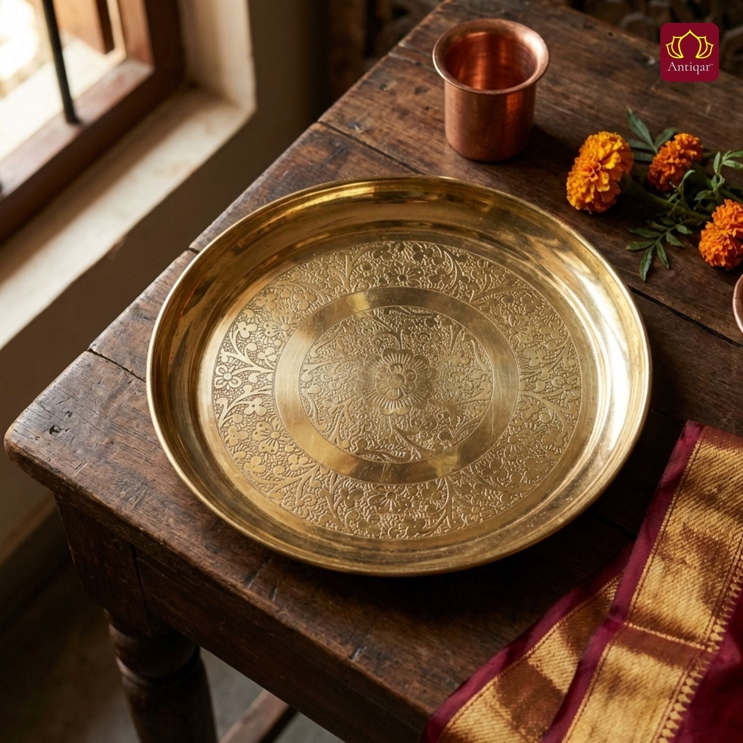 Brass Etching Design Plate - 2cm | Serve Main Course items in Lunch & Dinner | Antique Golden Finish | Traditional Mughlai Style use for serving in Kitchen, Festivals and Restaurents
