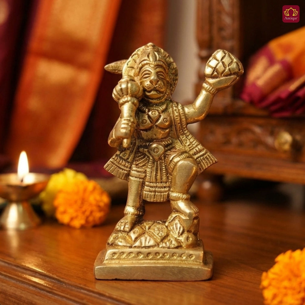 Standing Hanuman Ji Brass Idol - 8cm | Antique Golden Finish | Handcrafted Statue for Temple, Home & Car Dashboard Decor