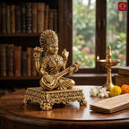 Brass Saraswati Ji Idol - 7cm | Antique Golden Finish | Spritual use for Home, Temple & Car dashboard Decor