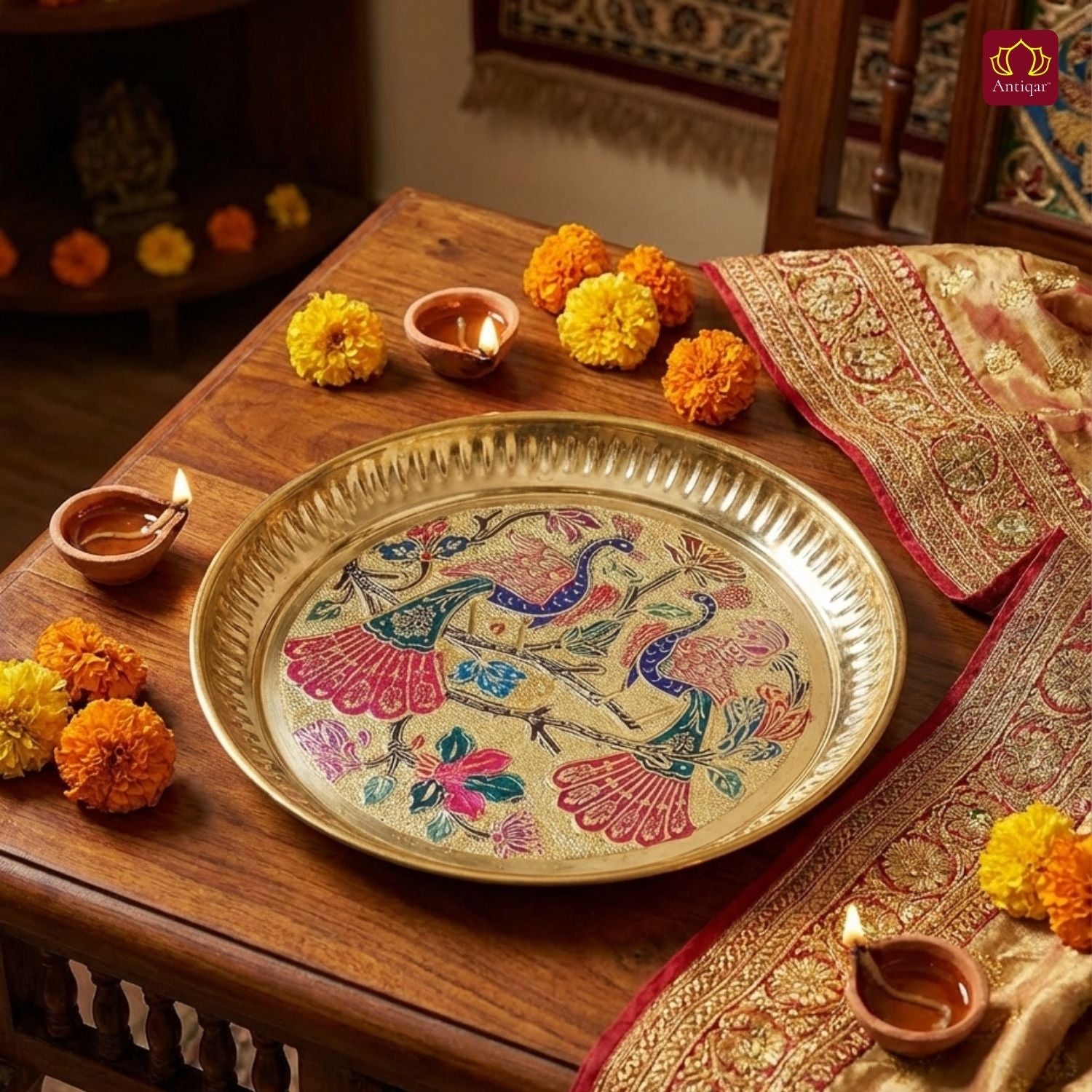 Brass Meenakari Etched Plate – 3cm | Embossed Peacock & Floral Design | Ideal for Serving Sweets, Fruits & Bhog Offerings