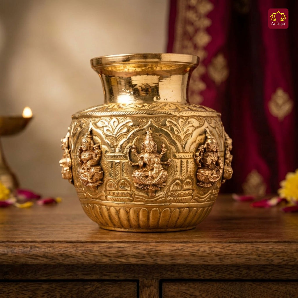 Brass Ashta Lakshmi Kalash - 11.5cm | Antique Yellow Finish | Spritual use for Pooja, Temple & Festival Decor