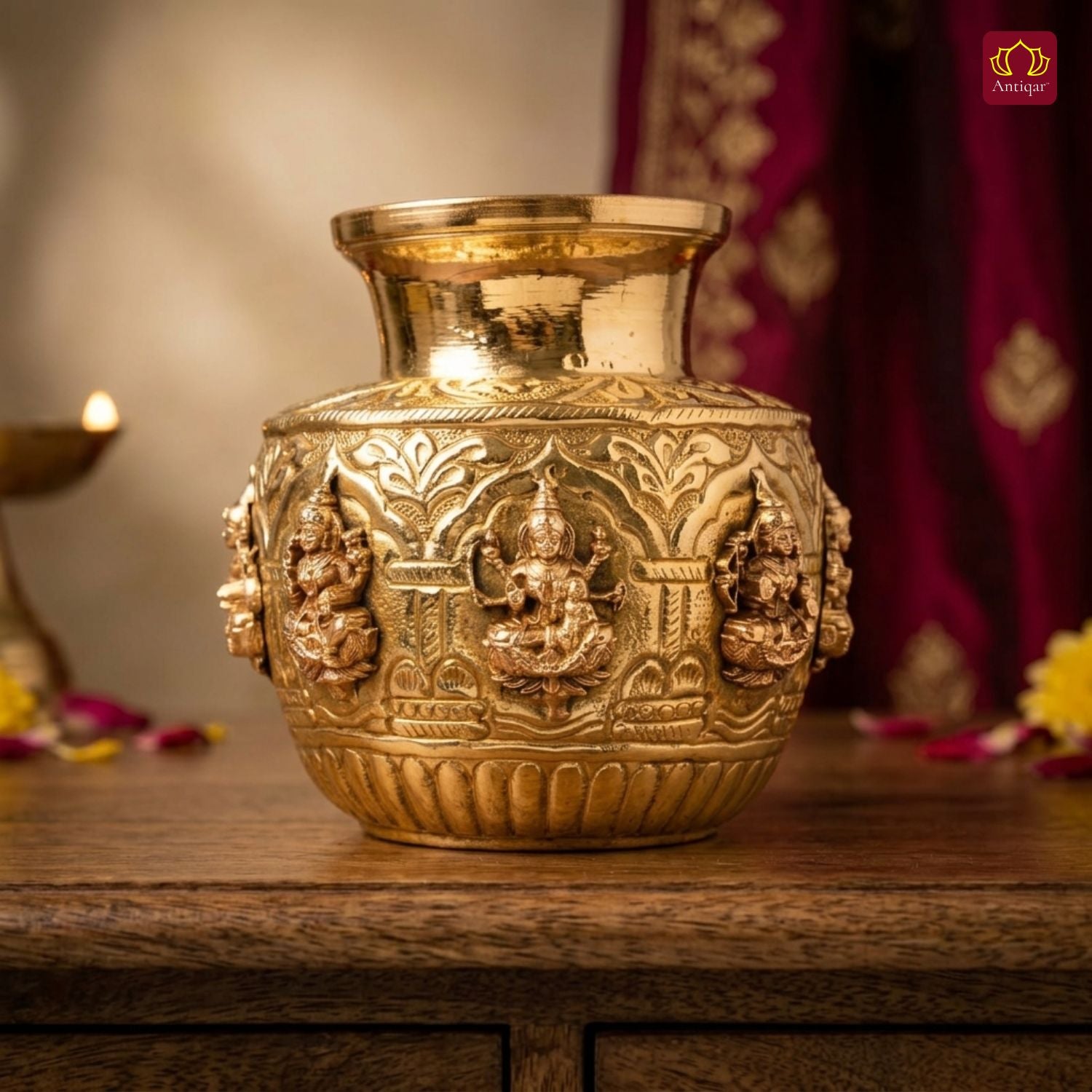Brass Ashta Lakshmi Kalash - 11.5cm | Antique Yellow Finish | Spritual use for Pooja, Temple & Festival Decor