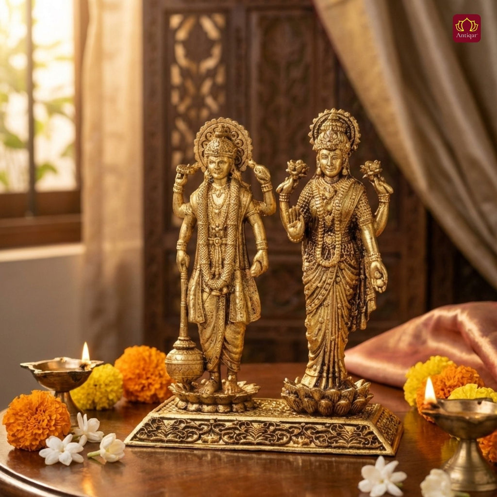 Brass Laxmi Narayan pair Idol - 8cm | Standing on Lotus | Antique Finish | Spiritual Idol for Temple & Home Decor