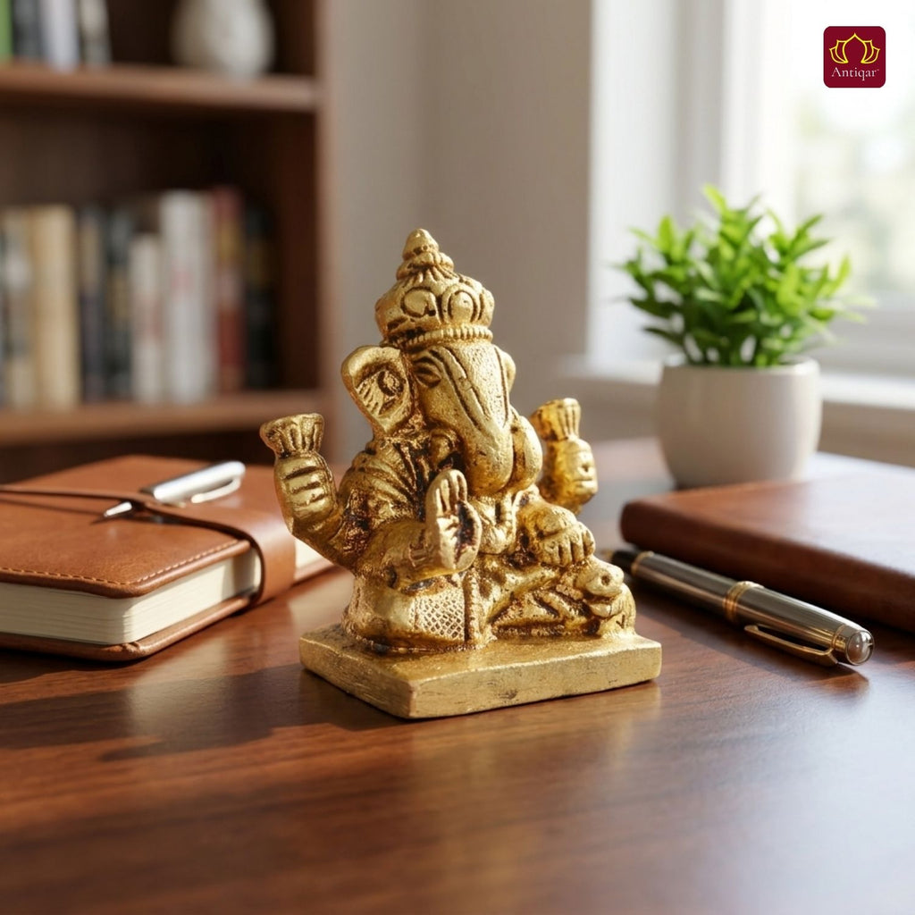 Brass Ganesh Ji Idol – 6 cm | Sitting Position | Antique Golden Finish | Handcrafted Decor for Temple, Home & Festival Use