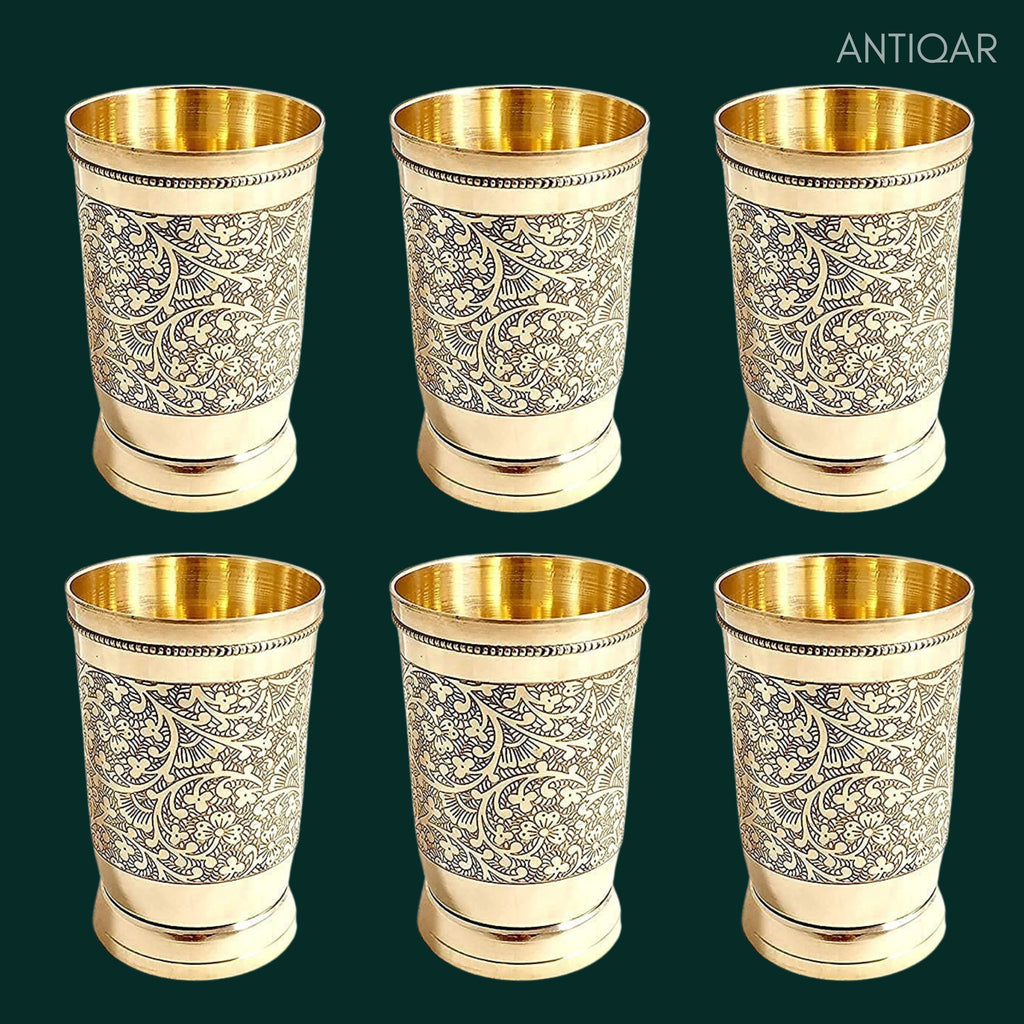 Brass Etching Design Glass - 10.5cm | Serve water & Milks | Antique Golden Finish | Traditional Mughlai Style use for serving in Kitchen, Festivals and Restaurents  (Pack of 6 set)