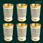 Brass Etching Design Glass - 10.5cm | Serve water & Milks | Antique Golden Finish | Traditional Mughlai Style use for serving in Kitchen, Festivals and Restaurents  (Pack of 6 set)
