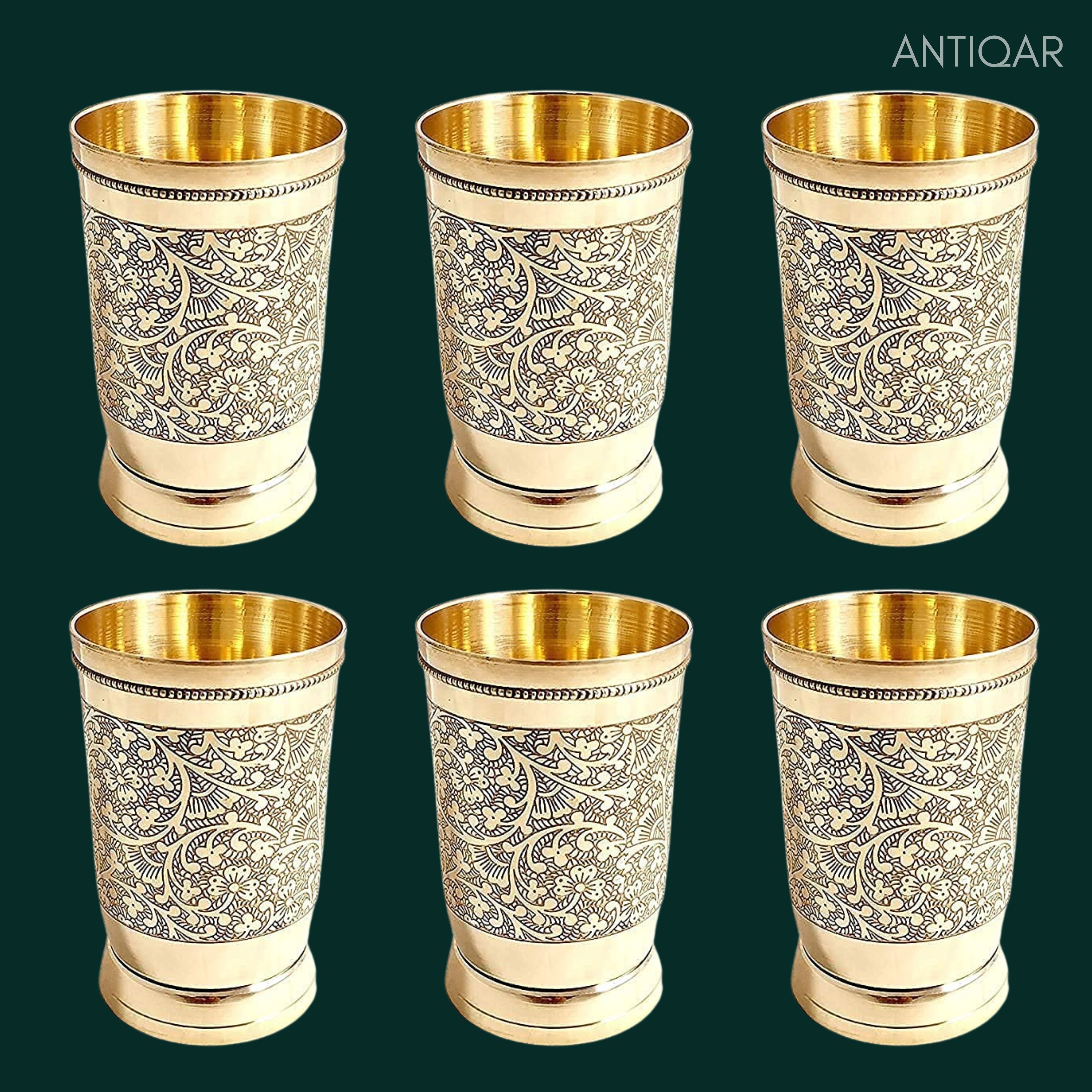 Brass Etching Design Glass - 10.5cm | Serve water & Milks | Antique Golden Finish | Traditional Mughlai Style use for serving in Kitchen, Festivals and Restaurents  (Pack of 6 set)