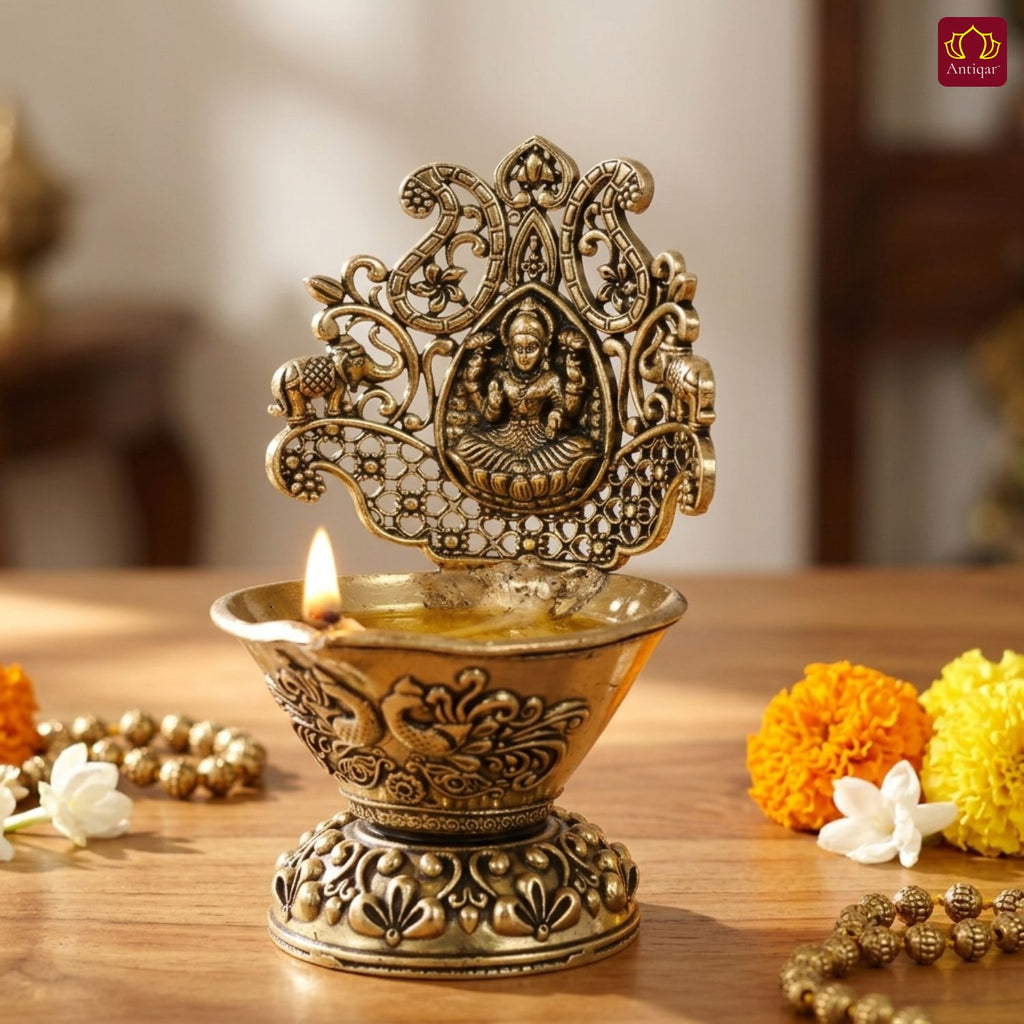 Brass Diya Laxmi Design - 10cm | Antique Finish | Spritual use for Pooja, Temple & Festival Decor
