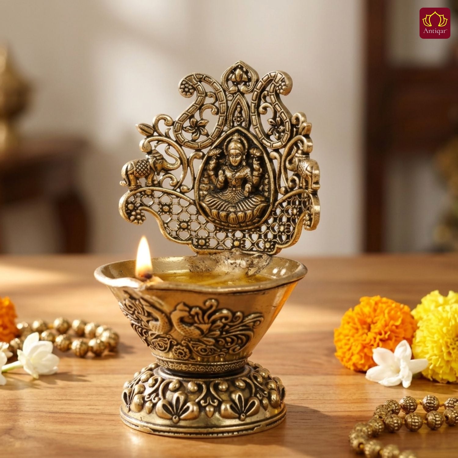 Brass Diya Laxmi Design - 10cm | Antique Finish | Spritual use for Pooja, Temple & Festival Decor