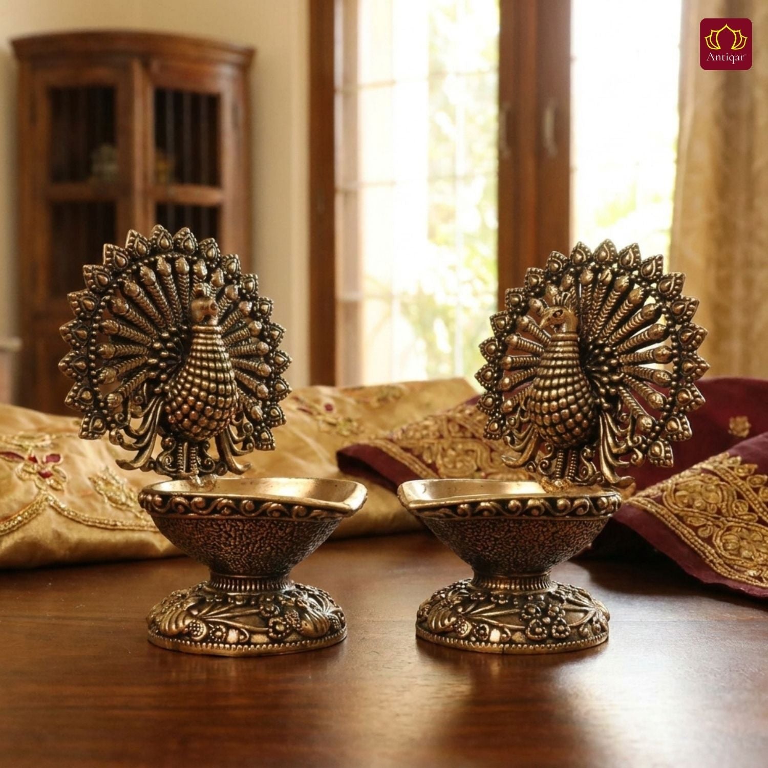 Brass Dancing Peacock on Diya - 7.5cm | Antique Finish | Spritual use for Pooja, Temple & Festival Decor (Pack of 2)