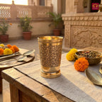 Brass Etching Design Glass - 10.5cm | Serve water & Milks | Antique Golden Finish | Traditional Mughlai Style use for serving in Kitchen, Festivals and Restaurents