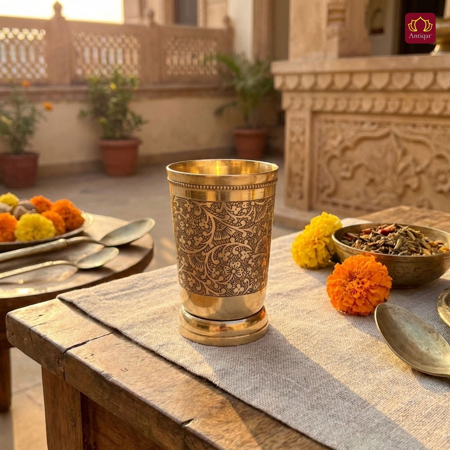 Brass Etching Design Glass - 10.5cm | Serve water & Milks | Antique Golden Finish | Traditional Mughlai Style use for serving in Kitchen, Festivals and Restaurents