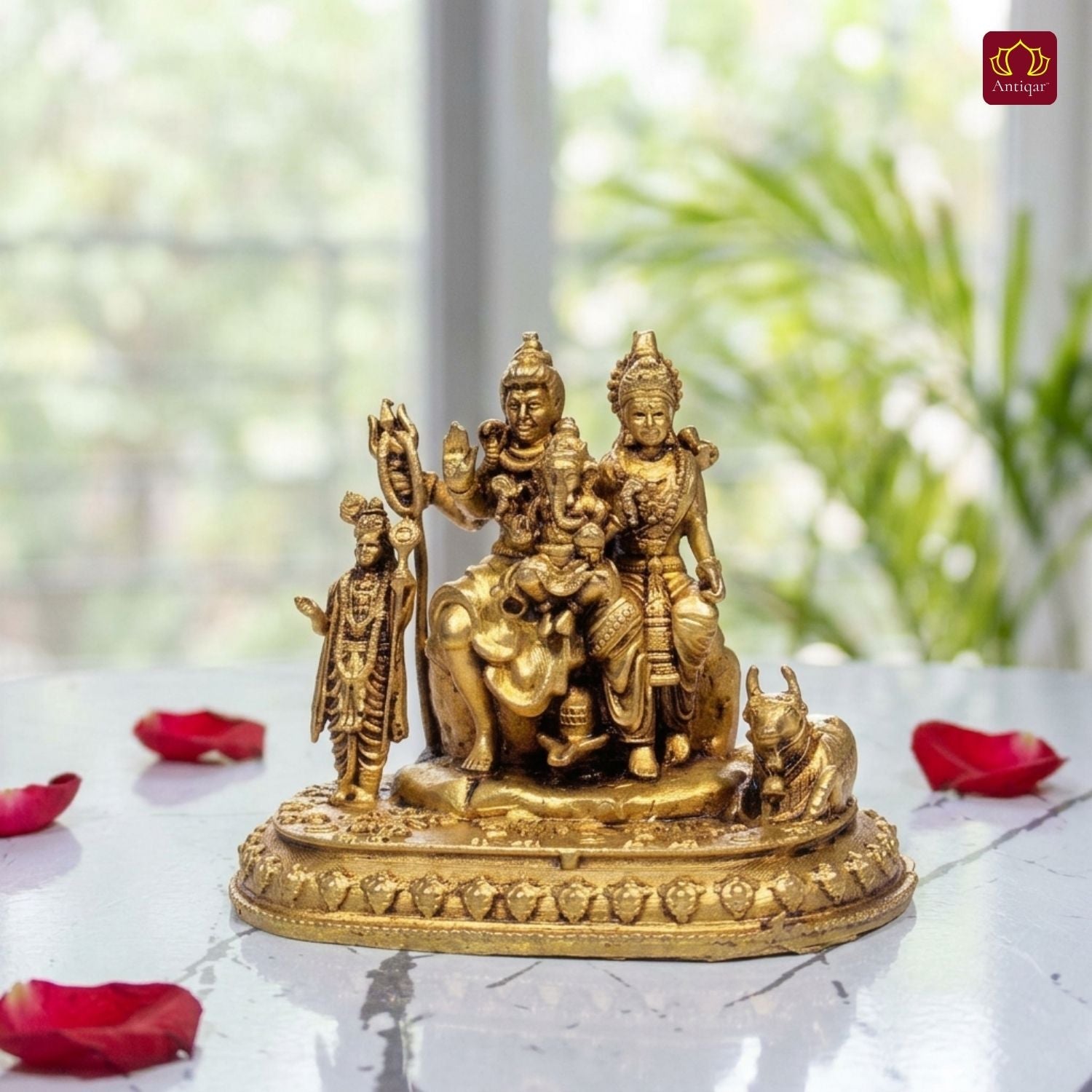 Brass Shiv Parivar Idol - 5cm | Antique Golden Finish | Spiritual Idol for Temple & Home Decor