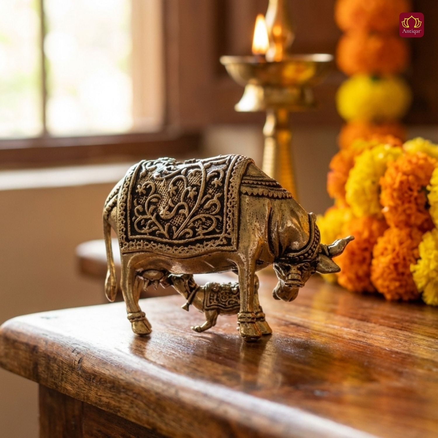 Brass Kamdhenu Cow & Calf Figurine - 5.5cm | Antique Finish | Spritual use for Home, Temple & Dashboard Decor