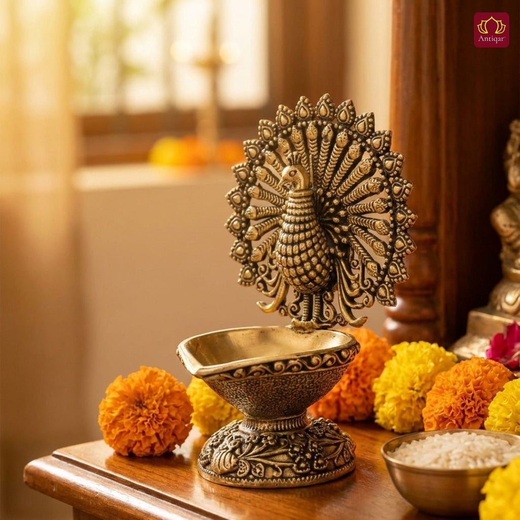 Brass Dancing Peacock on Diya - 7.5cm | Antique Finish | Spritual use for Pooja, Temple & Festival Decor