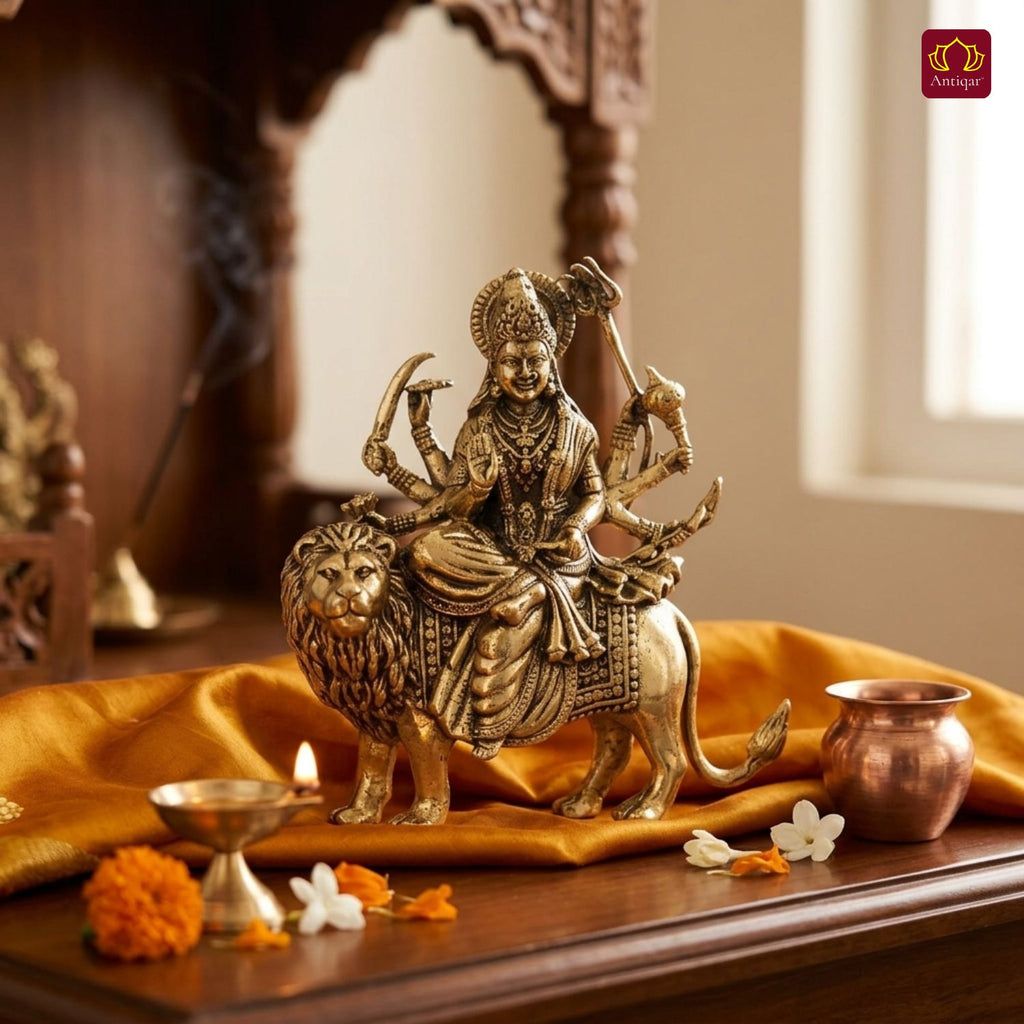 Brass Sherawali Maa Idol - 6cm | Sitting on Lion | Antique Finish | Spiritual Idol for Temple & Home Decor