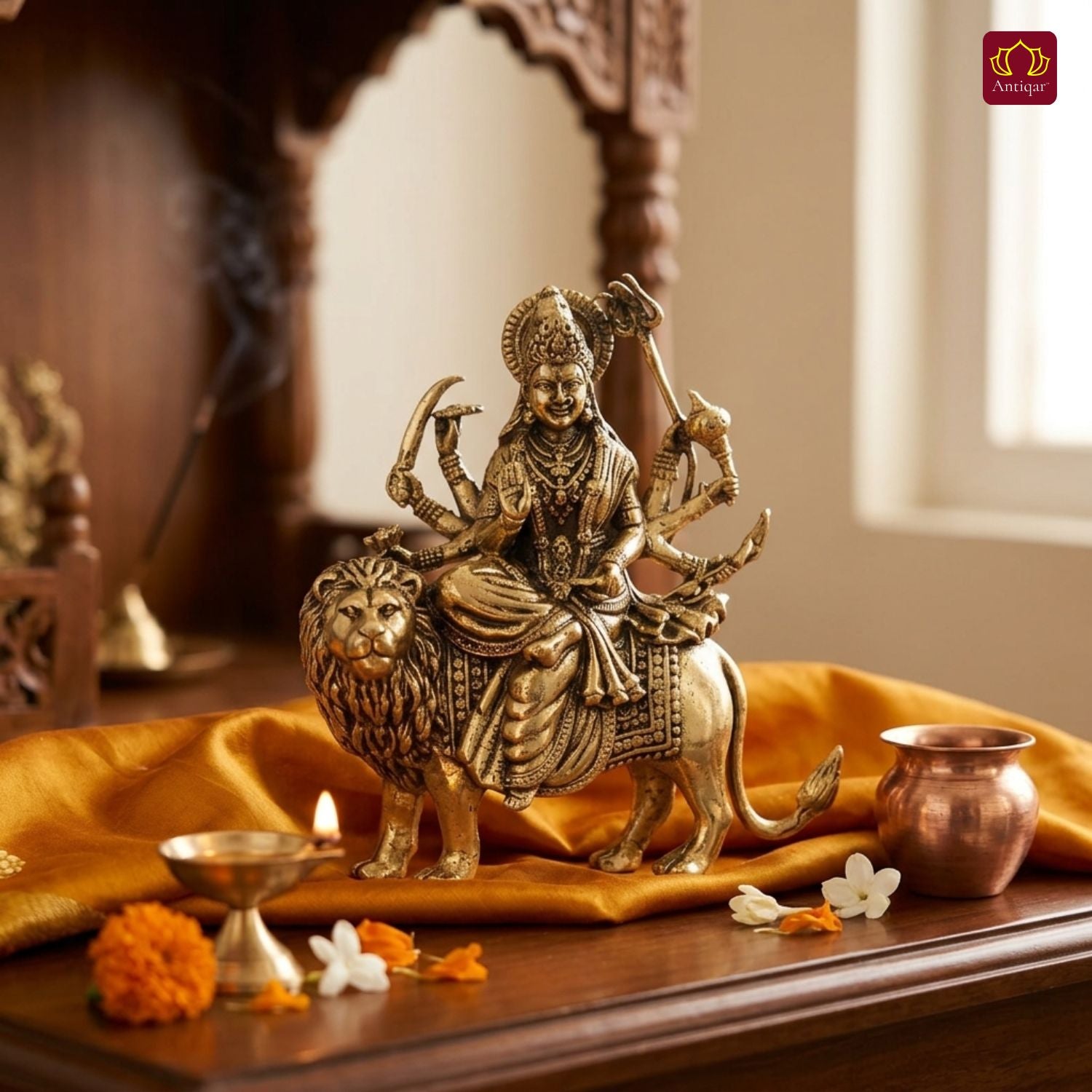 Brass Sherawali Maa Idol - 6cm | Sitting on Lion | Antique Finish | Spiritual Idol for Temple & Home Decor