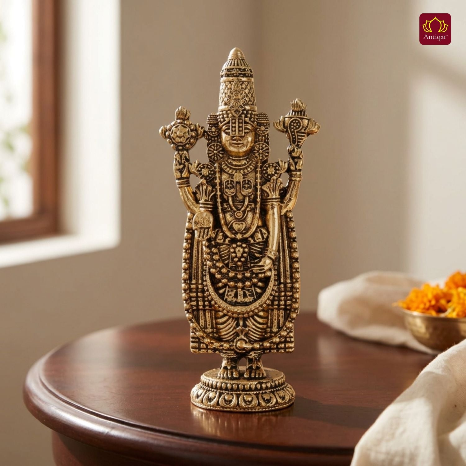 Brass Tirupathi Balaji Idol - 10cm | Golden Finish | Handcrafted Idol for Temple, Home & Car Dashboard