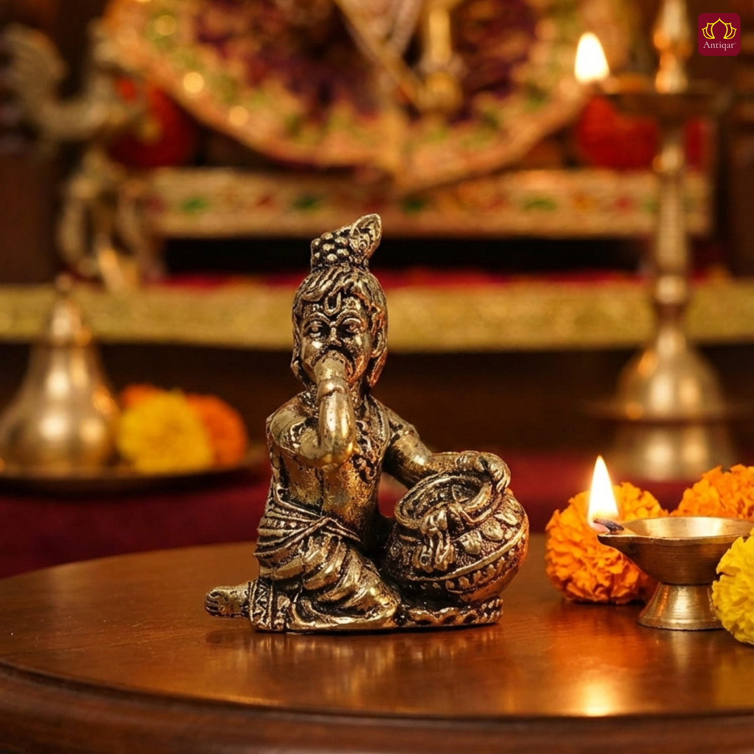 Brass Miniature Krishna idol with Makhhan Matka - 2.5cm | Antique Finish | Spritual use for Home, Temple & Car Dashboard Decor