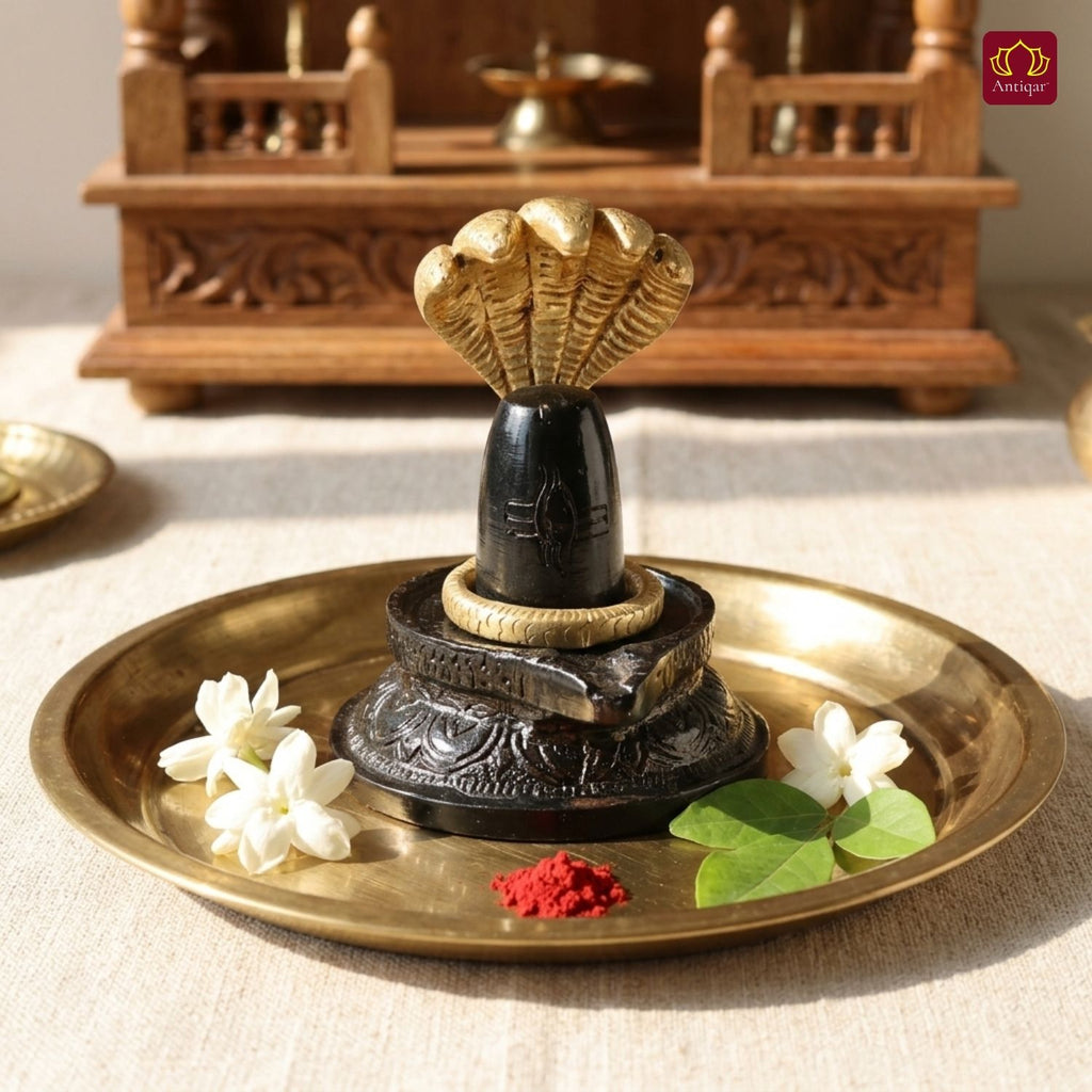 Brass Shivling with Detachable Sheshnaag – 10 cm | Black & Antique Golden Finish | Handcrafted Spiritual Idol for Temple, Home & Car Dashboard Decor