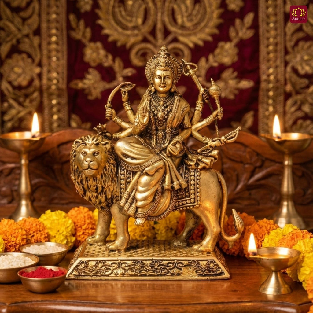 Brass Sherawali Maa Idol - 8cm | Antique Golden Finish | Spiritual Idol for Temple & Home Decor