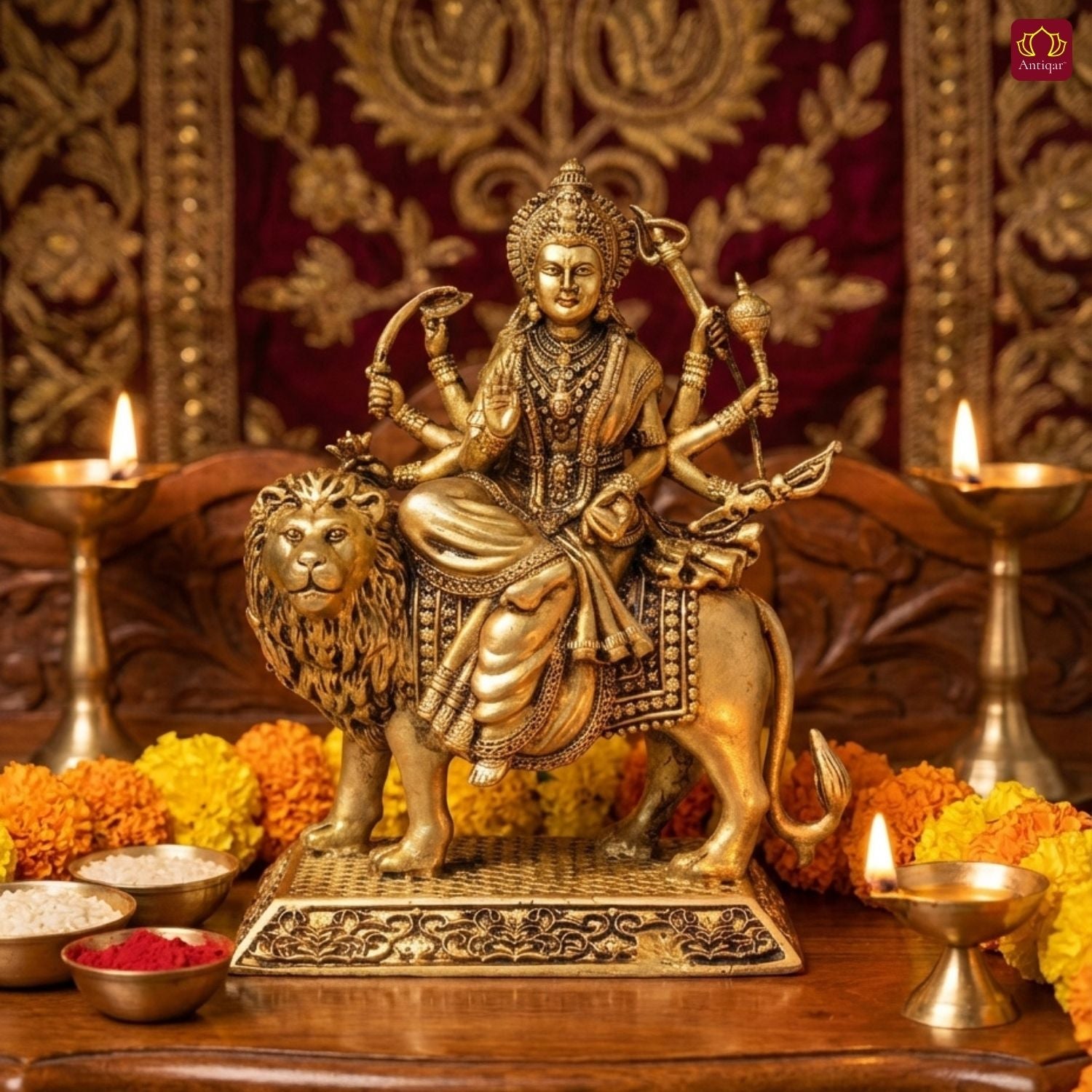 Brass Sherawali Maa Idol - 8cm | Antique Golden Finish | Spiritual Idol for Temple & Home Decor