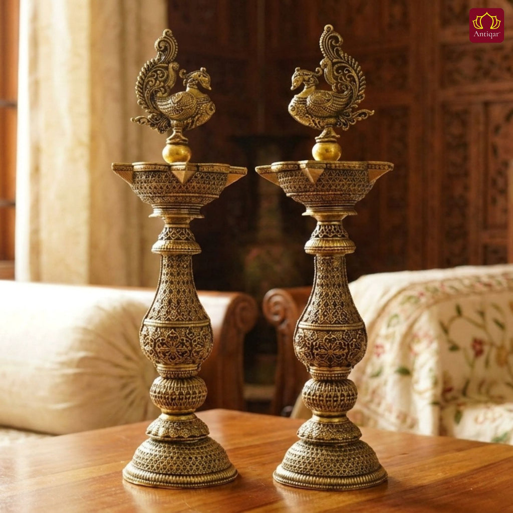 Brass Peacock Oil Lamp –20 cm | Antique Finish | Handcrafted Decor for Temple, Table & Home (Pack of 2)