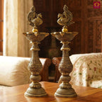 Brass Peacock Oil Lamp –20 cm | Antique Finish | Handcrafted Decor for Temple, Table & Home (Pack of 2)