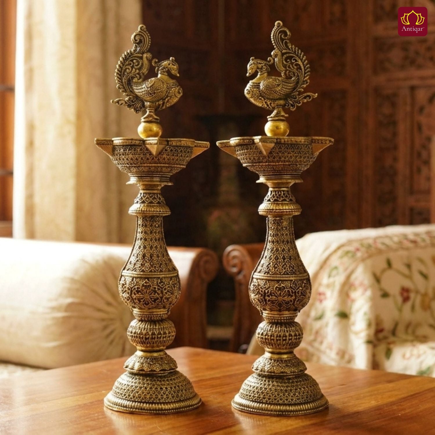 Brass Peacock Oil Lamp –20 cm | Antique Finish | Handcrafted Decor for Temple, Table & Home (Pack of 2)