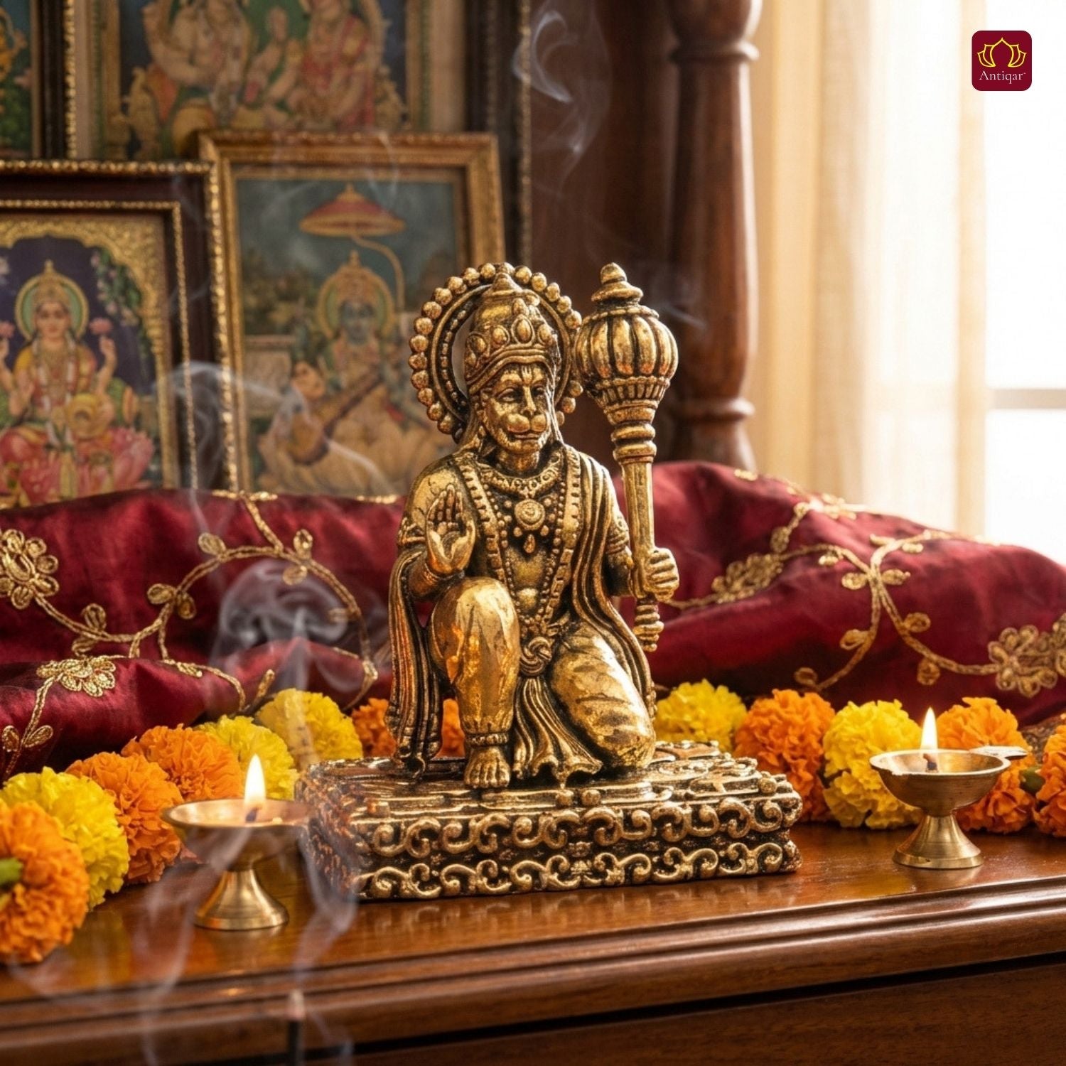 Brass Vintage Base Sitting Hanuman Ji Idol – 6.5cm | Antique Finish | Spiritual Idol for Temple, Home & Car Dashboard Decor