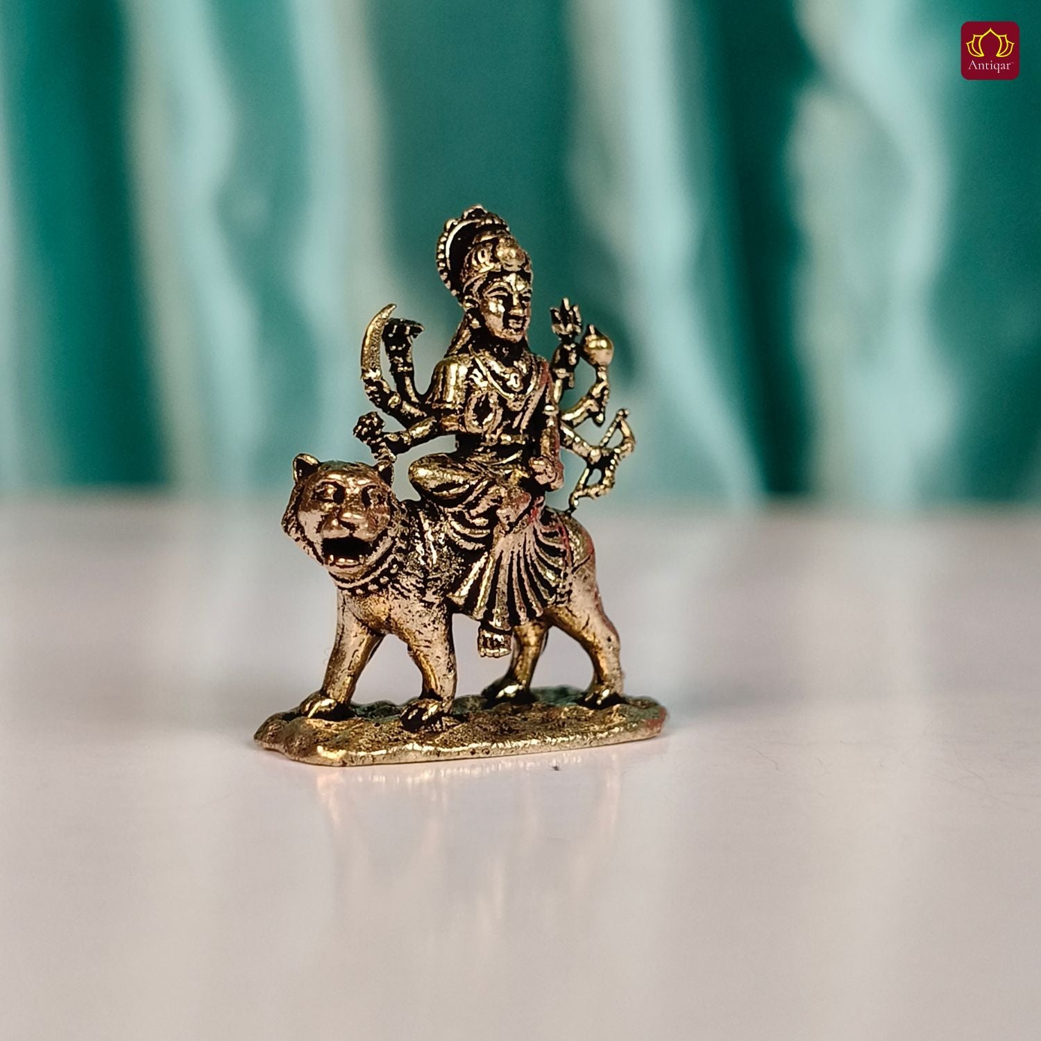 Brass Miniature Sherawali Maa Idol - 2.5cm | Antique Finish | Spritual use for Home, Temple & Car Dashboard Decor