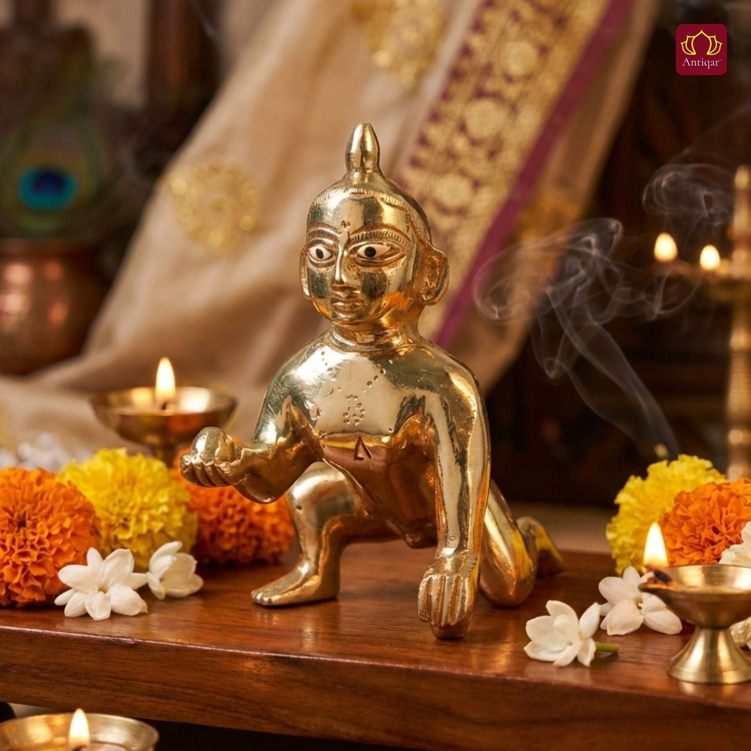 Handcrafted Laddu Gopal Brass Idol - 12cm | Superfine Finish | For Pooja, Temple & Car Dashboard Decor