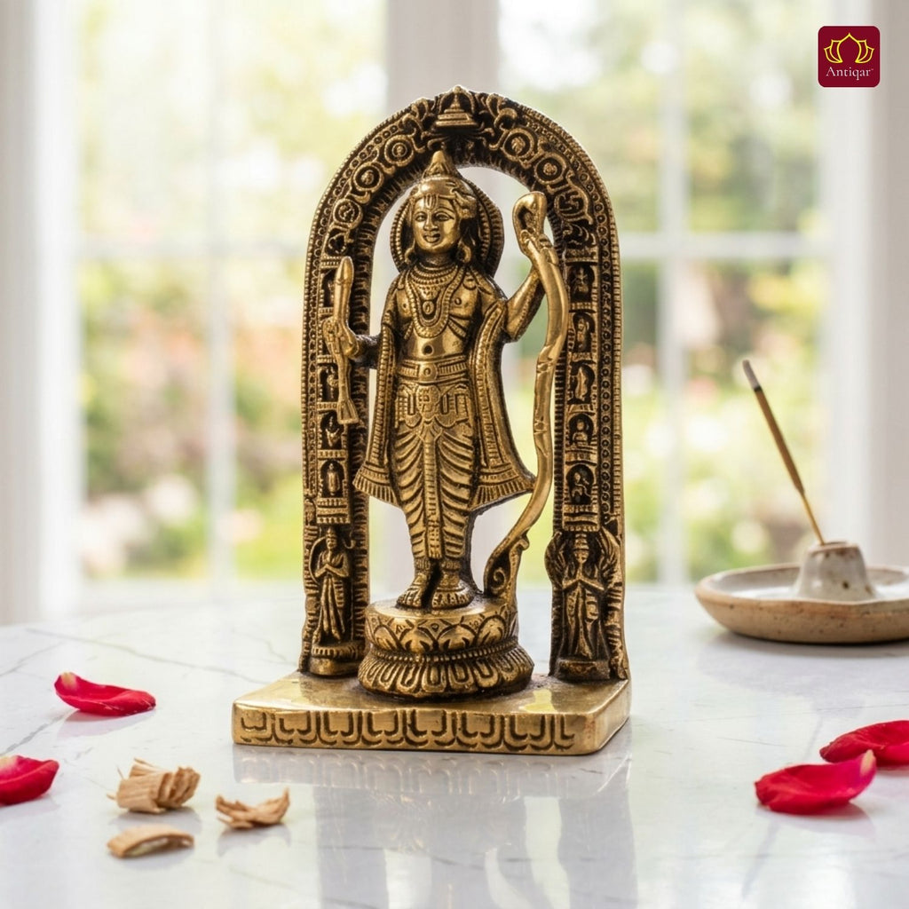 Shree Ram Ji Brass Idol – 16 cm | Antique Finish | Inspired by Ayodhya Ram Mandir | For Temple, Table & Car Dashboard Decor