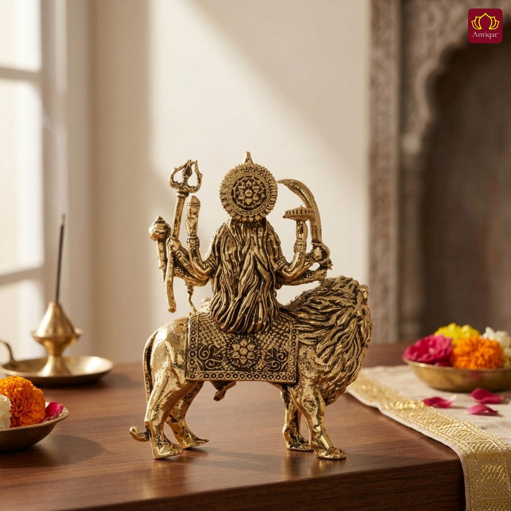 Brass Sherawali Maa Idol - 5.5cm | Sitting on Lion | Golden Finish | Spiritual Idol for Temple & Home Decor
