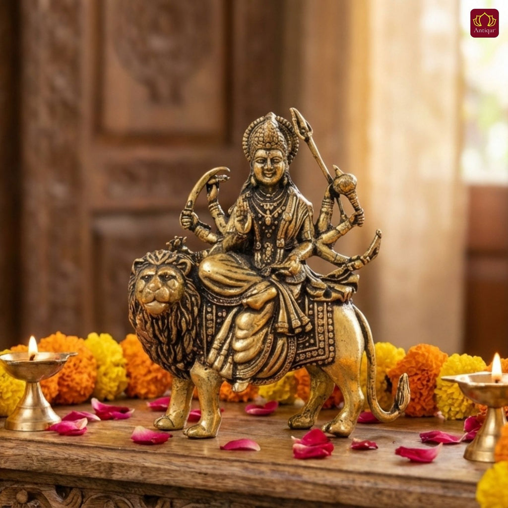 Brass Sherawali Maa Idol - 7.5cm | Sitting on Lion | Antique Golden Finish | Spiritual Idol for Temple & Home Decor