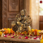 Brass Sherawali Maa Idol - 7.5cm | Sitting on Lion | Antique Golden Finish | Spiritual Idol for Temple & Home Decor