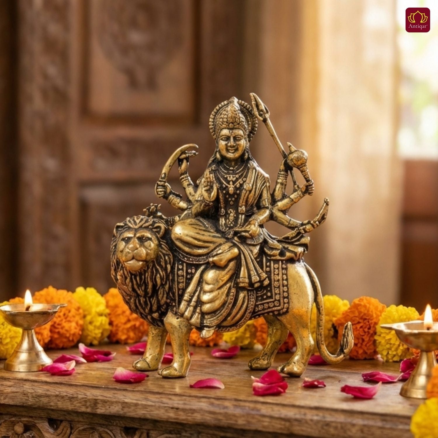 Brass Sherawali Maa Idol - 7.5cm | Sitting on Lion | Antique Golden Finish | Spiritual Idol for Temple & Home Decor