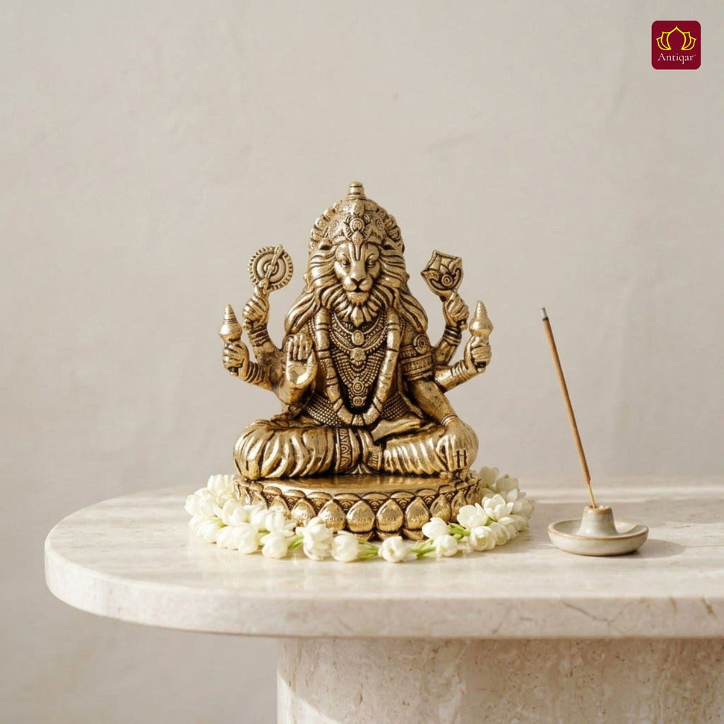 Brass Narsimha Ji Idol - 5cm  | Golden Finish | Spiritual Idol for Home, Office, Workshop, Temple & Car Dashboard Decor