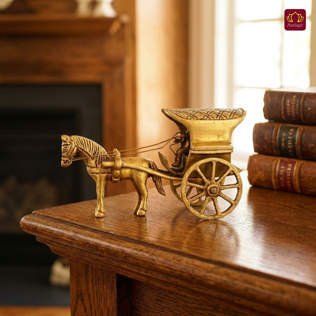 Brass Horse Cart Showpiece – 7.5 cm | Single Horse with Carved Roof | Antique Golden Finish | Handcrafted Decor for Festival, Temple & Home