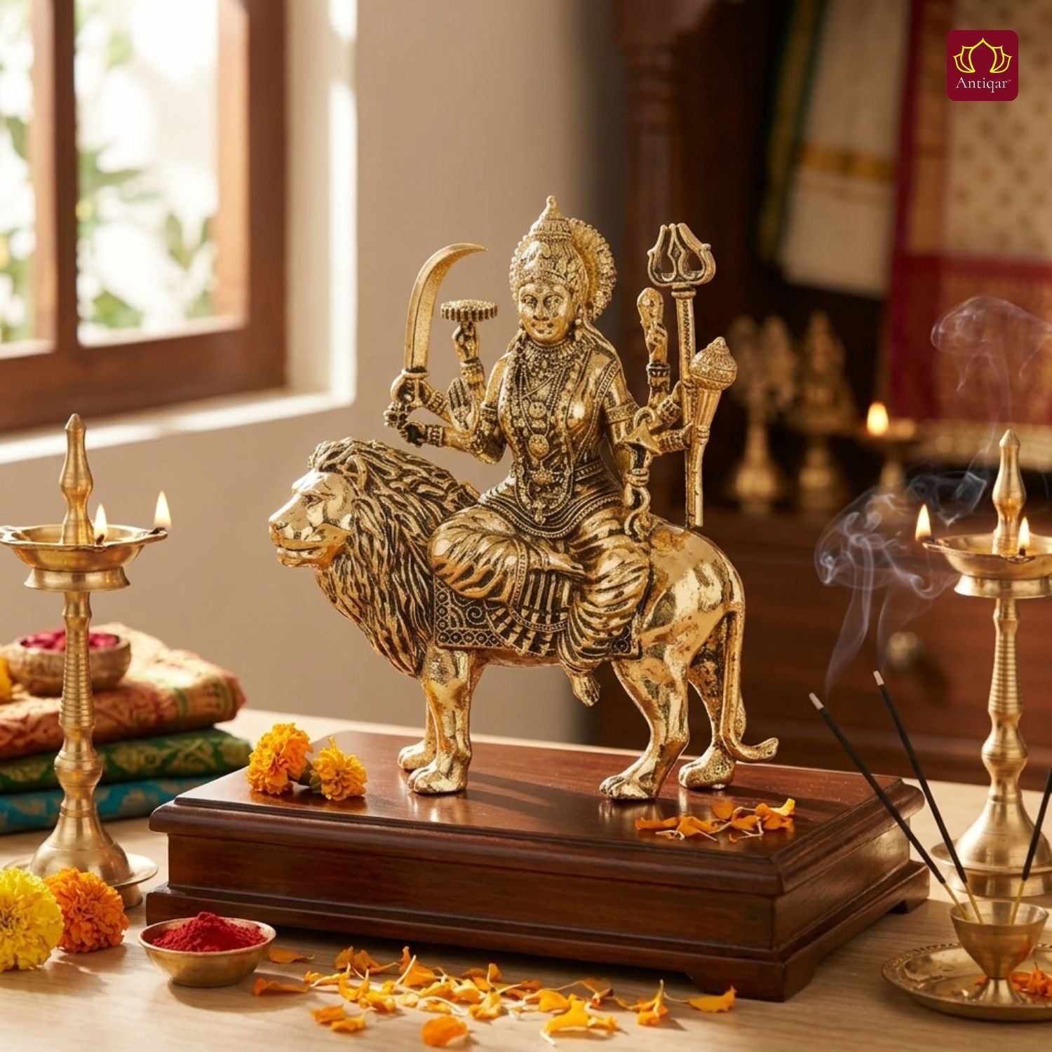 Brass Sherawali Maa Idol - 8cm | Sitting on Lion | Golden Finish | Spiritual Idol for Temple & Home Decor